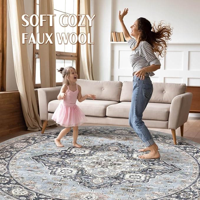 Round Rug Living Room Rugs: 8x8 Washable Boho Neutral Large Circle Soft Indoor Distressed Stain Resistant Floor Farmhouse Carpet for Bedroom Nursery Kids Playroom Office Dining Room Dorm- Blue Tan