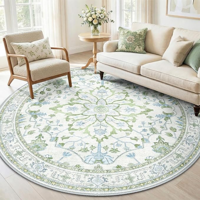 RELEANY Area Rugs Round 6ft Washable Non-Slip, Floral Vintage Distress Print Pattern Medallion Carpet for Living Room Bedroom Dining Room, Green White Blue