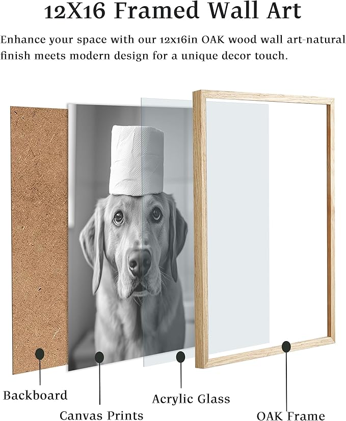 UPWOIGH Funny Labrador Retriever Dog Oak Framed Canvas Wall Art, 12x16 in Black and White Bathroom Humor Print, Modern Minimalist Poster Wall Decor for Restroom or Washroom, 1Pack Gift Idea