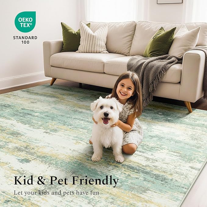 Rugflix 5x7 Area Rugs for Living Room, Washable Large Rug Stain-Resistant Low Pile, Modern Carpet for Dining Room Home Office Kid Room Nursery Bedroom, Light Green