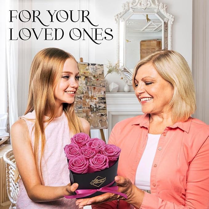 GLAMOUR BOUTIQUE 7 Flower Forever Heart Shape Box, Eternal Preserved Roses Gift for Her, Lasting Flowers, Petite Floral Heart Box for Birthday, Anniversary or Valentine’s Day, Pink (Color-Treated)