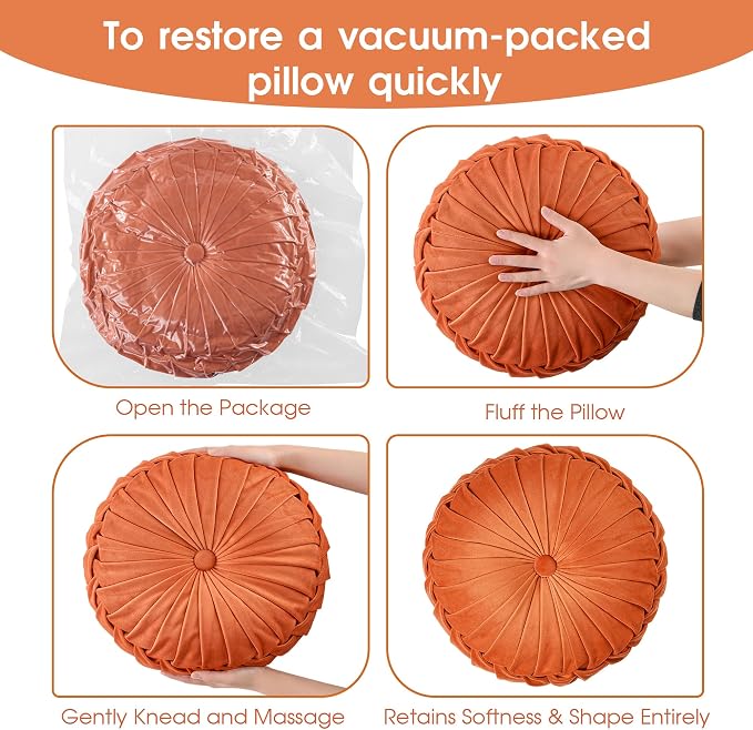 ROSE&RISY Round Pleated Velvet Throw Pillow, 1 Pack Decorative Accent Pumpkin Pillow Cushion for Couch Sofa Bed, Soft Plush Retro Vanity Throw Pillow for Home Decor, 14.5 Inch, Orange