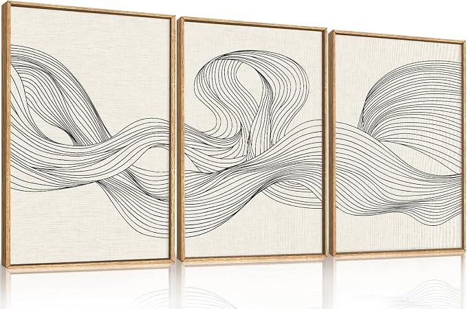 HPNIUB Large Neutral Abstract Framed Canvas Wall Art,Modern Beige Minimalist Wall Decor,Black Line Wave Art Prints,Boho Textured Geometric Artwork for Living Room, Bedroom, Office -24"x36"x3
