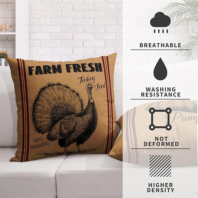 Fall Pillow Covers 18x18 Set of 2 Vintage Farmhouse Throw Pillow Covers Retro Farm Fresh Turkey Pumpkin Pillowcase Thanksgiving Cushion Case for Home Decor Couch Sofa