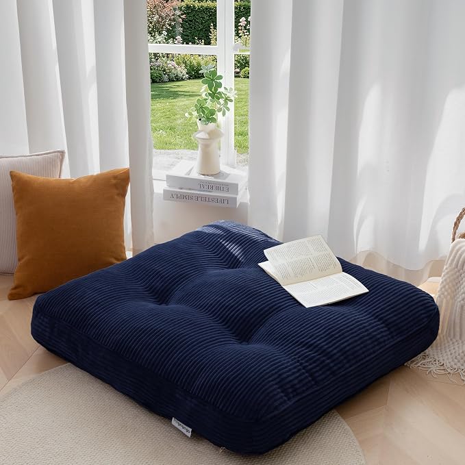 HIGOGOGO 35" Floor Pillow Cushion for Adults, Meditation Cushion Pillow, Extra Large Square Floor Sitting, Tufted Corduroy Cover for Tatami Living Room or Yoga, Navy