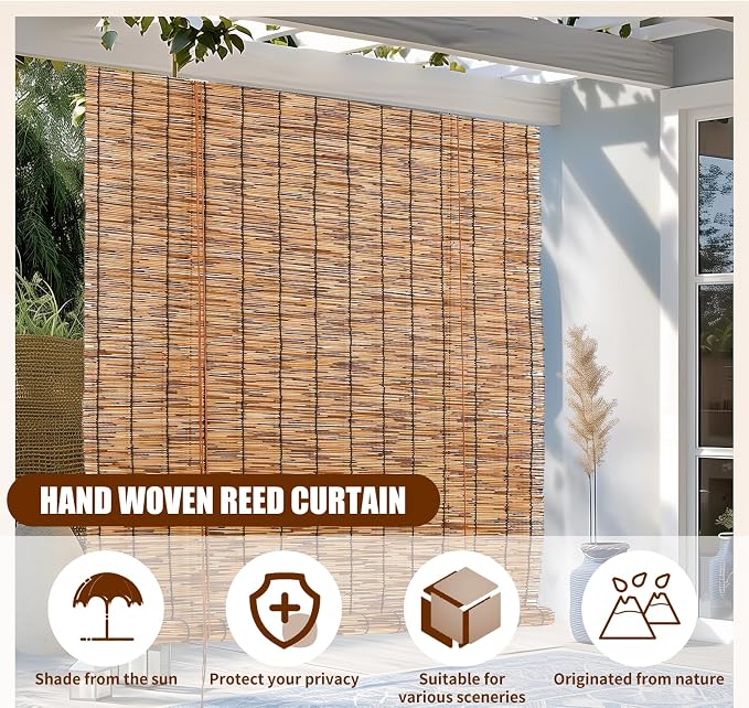 Reed Roller Blinds Shades, Vertical Lifting and Breathable Waterproof Design, Sun Shade and Ventilation, Easy Installation,72" Wx72 H