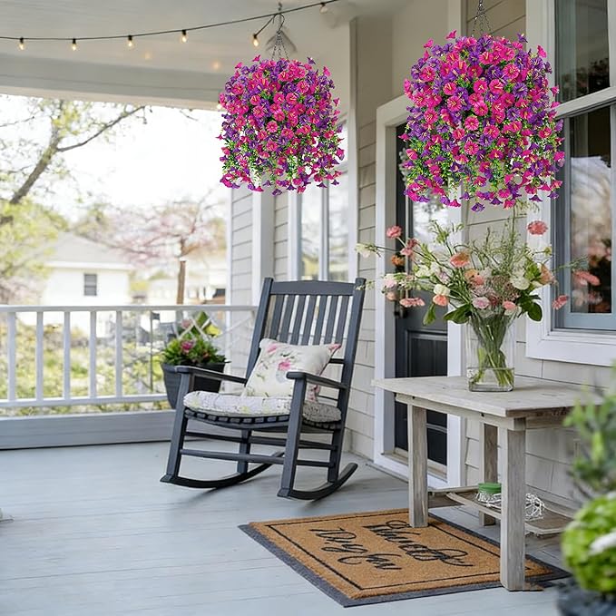 Ivydale 2 PCS Artificial Hanging Flowers Fake Plants Outdoor,Silk Morning Glory Faux Flowers with Eucalyptus Leaf,UV Resistant Realistic Hanging Petunias Plants for Home Garden Decor (Purple+Fuchsia)