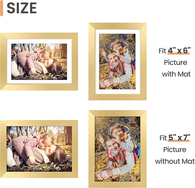 upsimples 5x7 Picture Frame, Display Pictures 4x6 with Mat or 5 x 7 Without, Wall Hanging Photo Frames, Gold, 1 Pack