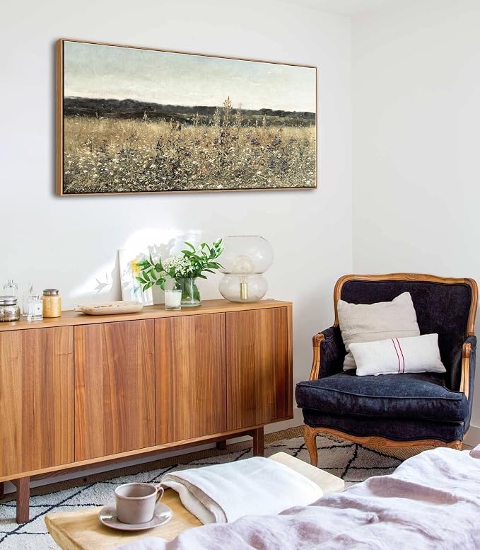 DJSYLIFE Wildflower Fields Framed Wall Art, Vintage Landscape | 24x48 Inch Canvas Prints, Solid Wood Frame, Ready to Hang, Flowers Painting, Country Farmhouse Decor for Living Room, Bedroom