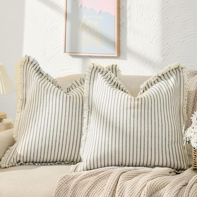 ZWJD Throw Pillow Covers 24x24 Set of 2 Striped Pillow Covers with Fringe Chic Cotton Decorative Pillows Square Cushion Covers for Sofa Couch Bed Living Room Farmhouse Decor, (Gray)