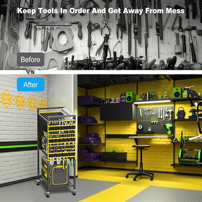 JUNNUJ Large Power Tool Organizer Cart with Charging Station, Garage Floor Standing Rolling Drill and Tools Battery Storage Cart on Wheels, Heavy Duty Rack Shelf with 8 Outlet Power Strip, Yellow