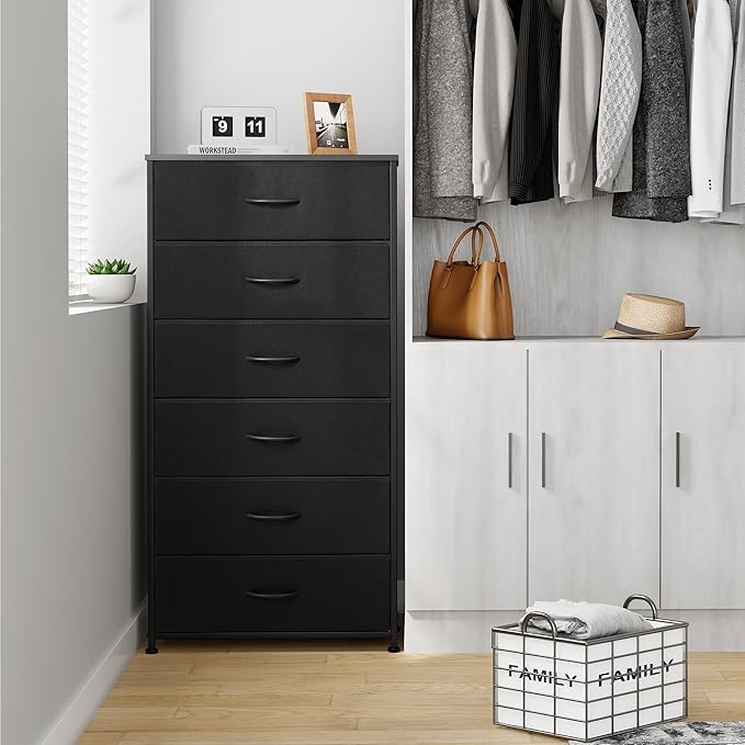 Crestlive Products Dresser for Bedroom with 6 Drawers, Tall Chest of Drawers, Black Dressers Bedroom Furniture, Storage Organizer Unit with Bins for Closet, Hallway, Living Room, Entryway