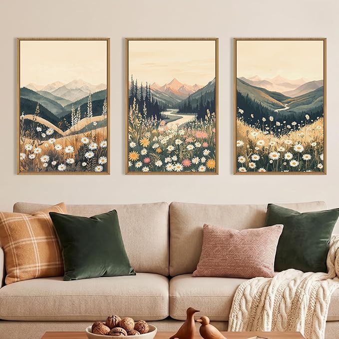 BICERE Large Boho Wildflower Framed Canvas Wall Art,Vintage Mountain Wall Decor,Nature Floral Prints,Rustic Daisy Landscape Artwork for Living Room,Bedroom,Dining Room -16"x24"x3