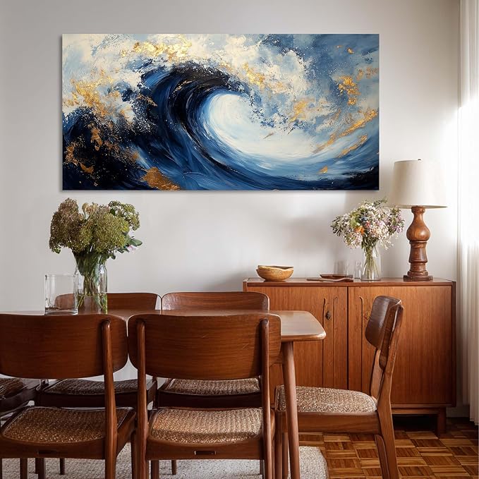 Ggaafet Navy Blue Waves Wall Art for Bedroom Canvas Painting Prints Beautiful Ocean Sea Gold Art Deco Modern Artwork Office Family Room Decor