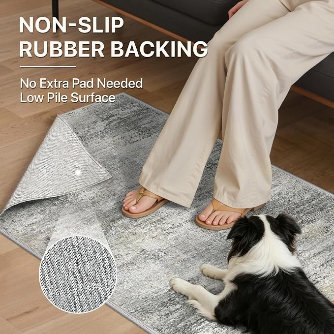 BEIMO 2X6 Runner Rug for Hallway Kitchen, Machine Washable Runners Rug for Entryway, Soft Modern Abstract Throw Rugs, Low Pile Floor Cover with Non Slip Backing, Grey
