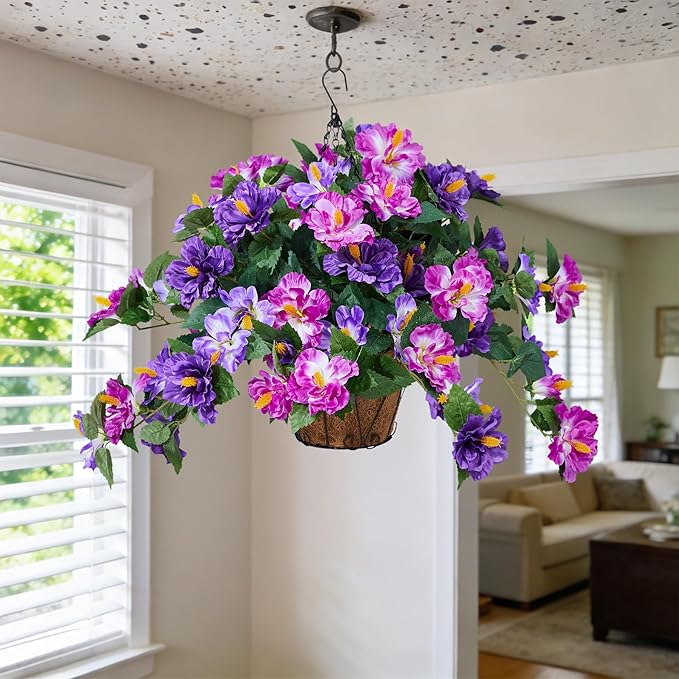 INXUGAO Artificial Flowers for Outdoors Indoors,3 Bunches Fake Hibiscus with Hanging Basket Realistic UV Resistant Silk Flower Leaves,Faux Plant for Outside Home Patio Garden Poch(Purple,Fuchsia)
