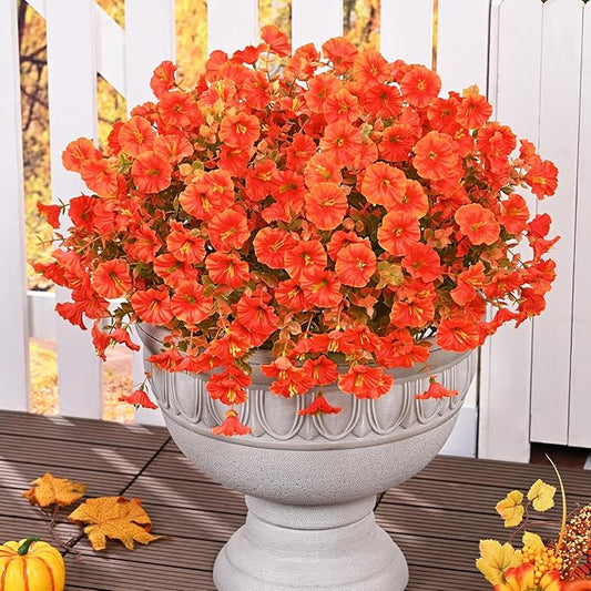 MARTINE MALL Artificial Fall Flowers for Outdoors, 24 Bundles Faux Fall Flower for Outdoor Planters, UV Resistant Fall Flowers Artificial for Outdoors Fake Autumn Petunias for Front Porch (Orange)