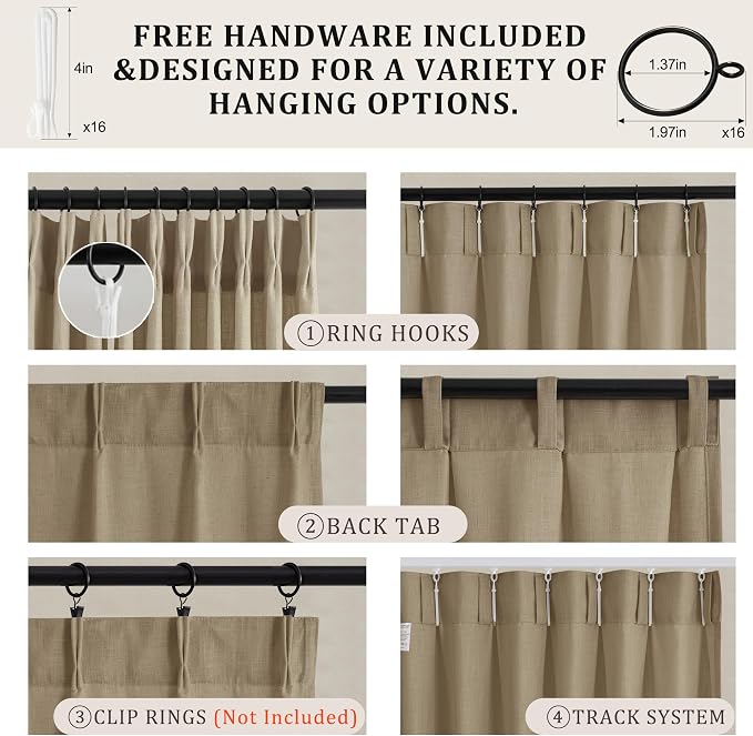 Pinch Pleated Linen Curtains 102 Inch, 2 Panels Premium 400GSM Memory Trained Semi Sheer Light Filtering Window Drapes for Living Room Bedroom Dining, Back Tab & Adjustable Hooks Rings, Grey Beige