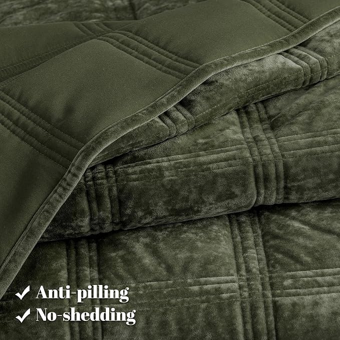PHF Ultra Soft Velvet Quilt Set Twin Size – 2PCS Luxurious Cozy Quilted Comforter Alternative with Diamond Pattern, Warm Quilted Bedspread Coverlet, 68" x 92", Smokey Olive