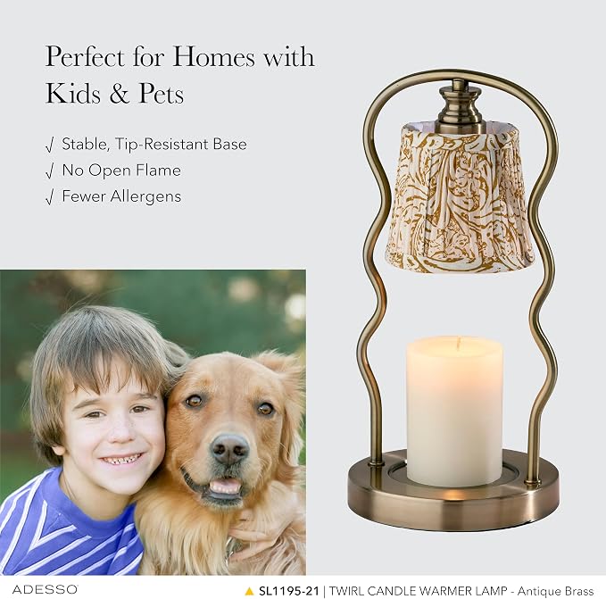 Candle Warmer Lamp – Flameless Candle Melter with Adjustable Timer & Dimmable Light, Bulb Included, Antique Brass Base & Beige Floral Printed Shade, for Home, Dorm, or Office