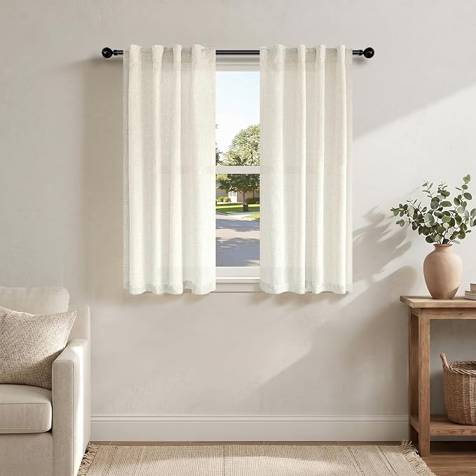 Light Filtering Linen Curtains 54 Inch Length 2 Panels Cream Semi Sheer Airy Light Weight Back Tab Rod Pocket Rustic Neutral Drapes for Bedroom Living Room Home Decor Small Window 34 x 54 Inch Long