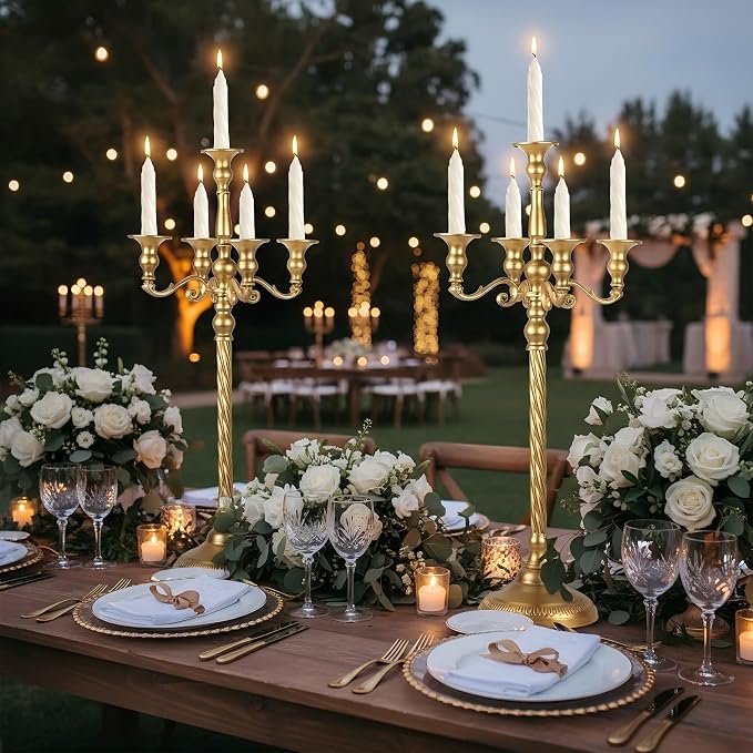 Tall 5 Arm Gold Candelabra Centerpiece for Table, 24.8'' Metal Candle Holder, 2 Pcs Retro Candelabra Table Centerpieces for Party, Events, Home, Wedding Decor