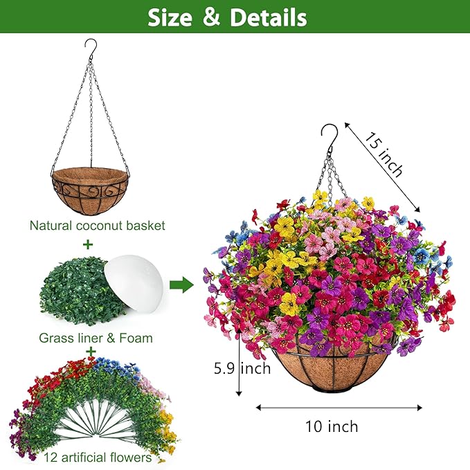 Ouddy Decor Artificial Hanging Flowers with Basket, Fake Hanging Plants with Faux Silk Flowers UV Resistant for Outdoors Indoors Spring Summer Porch Patio Balcony Yard Home Decorations, Multicolor