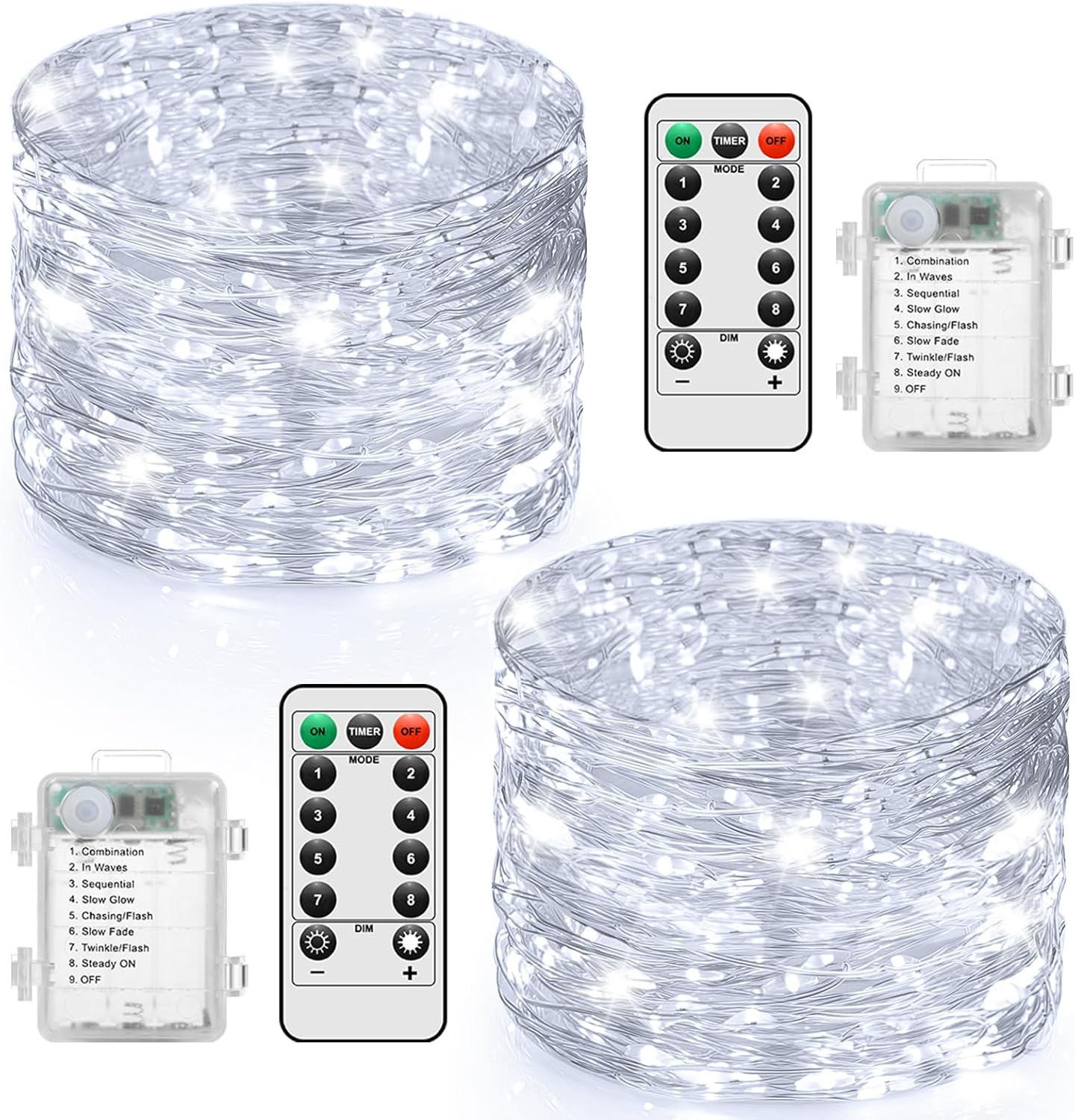 2 Pack 100 LED Fairy Lights Battery Operated with Timer & Remote, 33FT Waterproof Twinkle Lights Indoor Outdoor, Fairy String lights for Bedroom Classroom DIY Wedding Christmas Decorations, Cool White