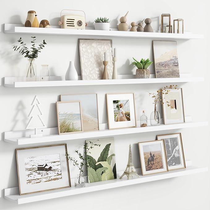 FLYJOE Floating Picture Ledge Shelves for Wall Set of 4, 48 Inch Wall Shelves with Lip Long Large Nursery Book Shelf for Toys Storage Kids Bookshelf Wall Mounted Living Room Bedroom Decor Frames
