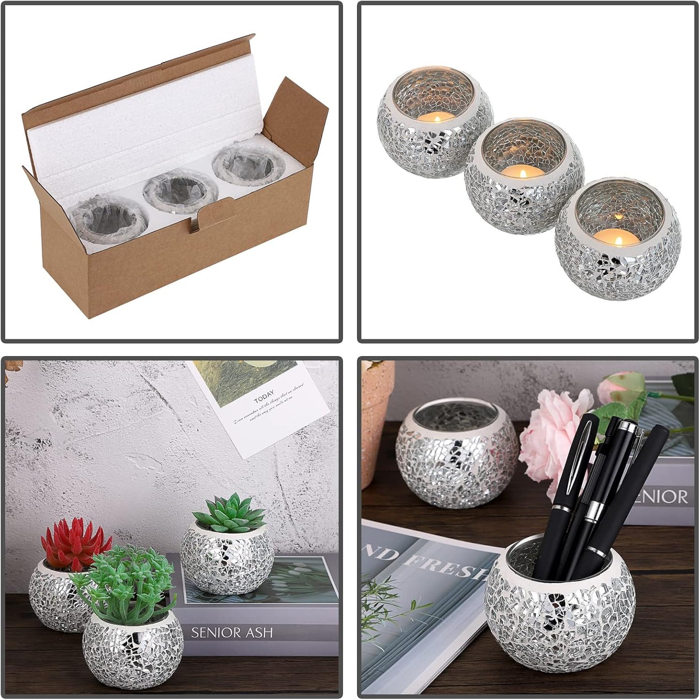 OwnMy 3PCS Mosaic Glass Tea Light Holders Round Bowl Votive Candle Holders Pillar Candle Stands, Silver Glass Mosaic Tealight Holders Potted Plant Bowl Vase Candle Centerpiece for Dining Table Wedding