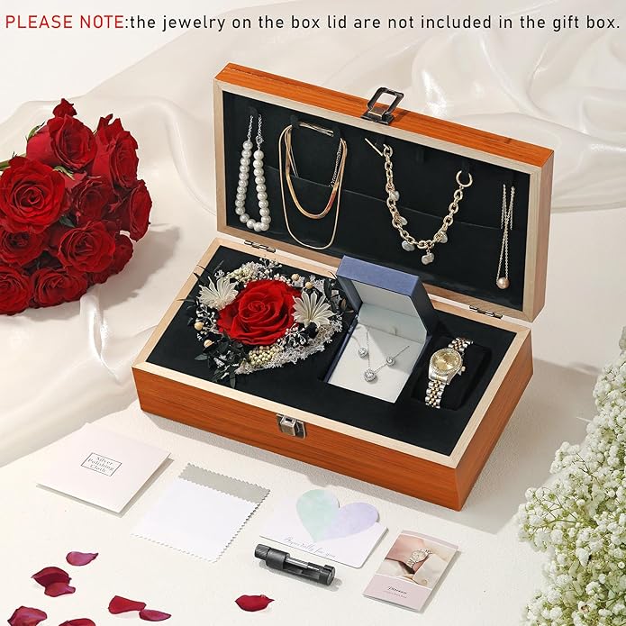 Birthday Gifts for Women-Preserved Roses Jewelry Set 925 Sterling Silver Necklace Earrings,Watches for Women,Wooden Jewelry Organizer-Mother’s Day, Anniversary,Thanksgiving,Christmas,Graduation Gifts