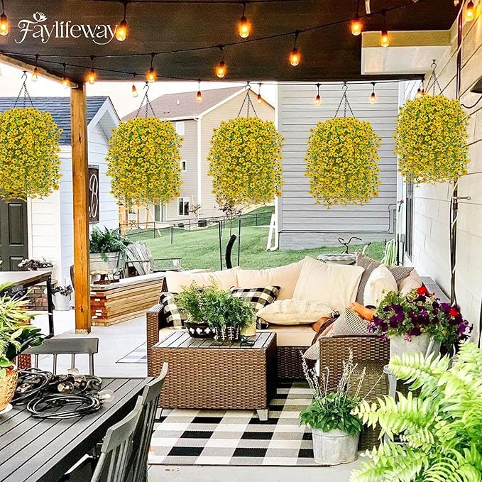 Artificial Hanging Flowers for Outdoors Spring Summer Decoration, 8PCS UV Resistant Silk Fake Hanging Plants for Patio Porch Front Yard Window Garden Indoor Decor(Yellow,8PCS)