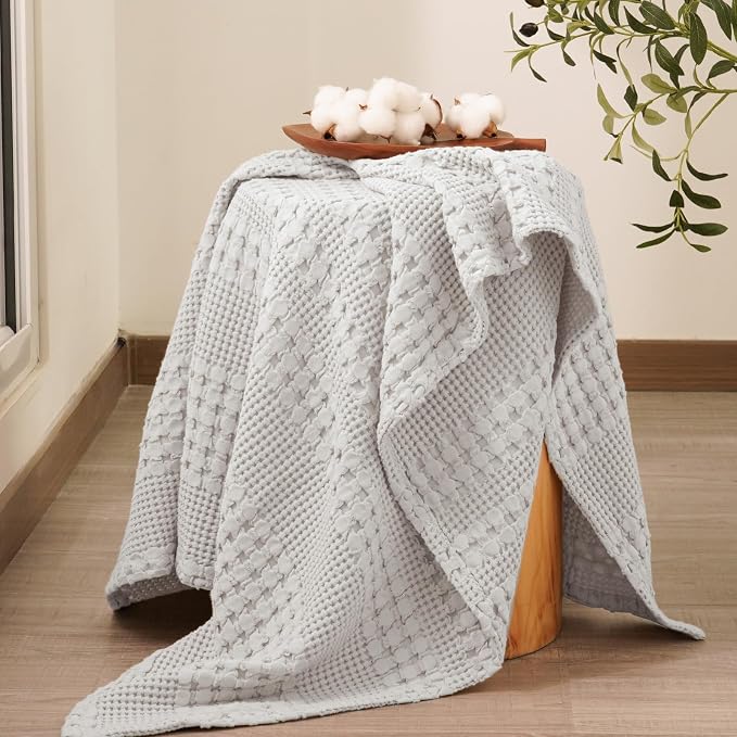 PHF 100% Cotton Waffle Throw Blanket for Couch, Lightweight Breathable and Soft for Summer, Luxury Aesthetic Waffle Weave Blanket for Home Decor & Office, Gifts for Women, 50"x60", Light Grey