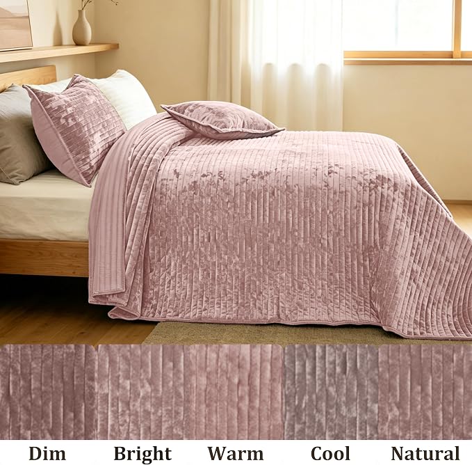 Velvet Quilt Set Oversized King Size 3 Piece Bedding Set 120x128 Bedspread with 2 Pillow Shams Luxurious Soft Striped Quilted Coverlet for All Seasons,Pink