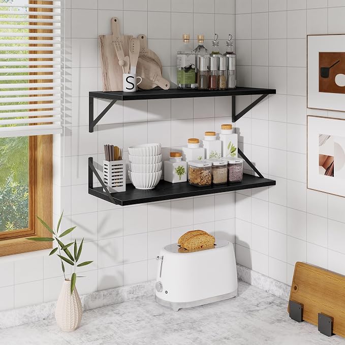 Acovy Deep Floating Shelves for Wall,30" Wx10 D Wood Floating Shelf Set of 2,Sturdy Metal Bracket Wide Display & Storage,Wall Mounted Hanging Floating Shelves for Living Room,Bedroom,Kitchen,Black