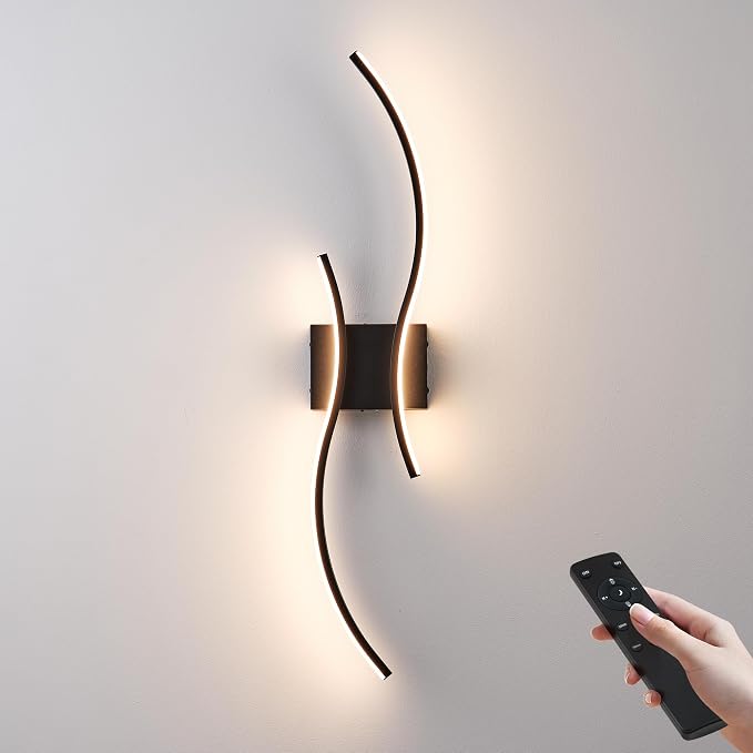 KARTOOSH Battery Operated Wall Sconce with Remote Control, Stepless Colors 3000K-6000K & Dimming, LED Black Wireless Wall Light for Living Room, Hallway, Bedroom, 27.5 Inch (1 Pack)