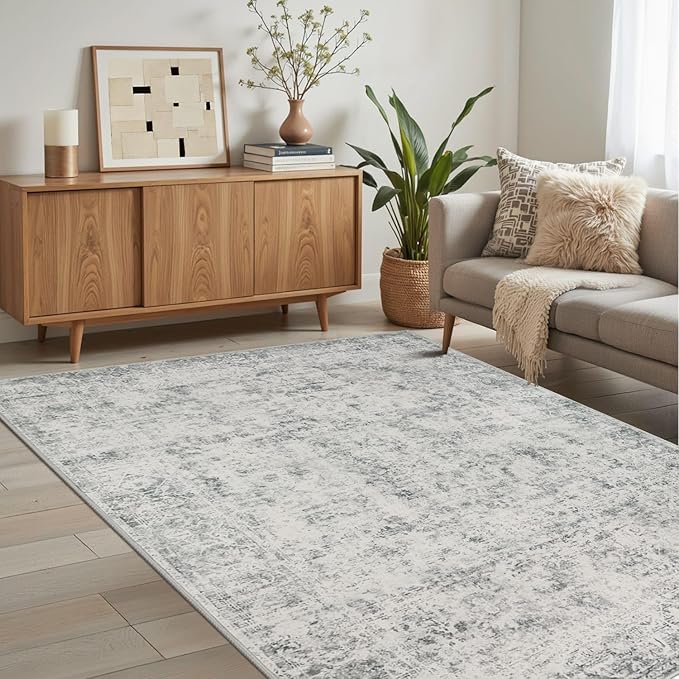 Rugxara Area Rugs for Living Room Bedroom, Washable Rug, Grey Vintage Abstract Boho Rug, Non Slip & Low Pile Wool Carpet for Indoor Dining Room, Farmhouse, Kids Room and Office(Grey 4x6ft)