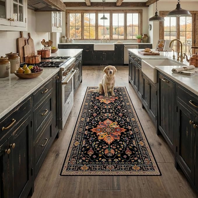 RELEANY Area Rugs 2'6''x5' Runner Rug Non Slip Washable for Kitchen Hallway Bedroom Beside Laundry Room Bathroom Rug, Floor Carpet, Black Colorful Floral Dark Tan