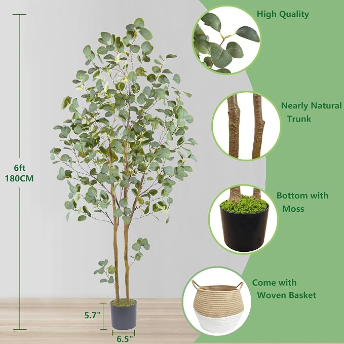 Warmplants Artificial Eucalyptus Tree, 6ft Tall Faux Eucalyptus Plant with Basket for Home Office, 72'' Fake Tree for Indoor Outdoor Livingroom Garden Floor Décor