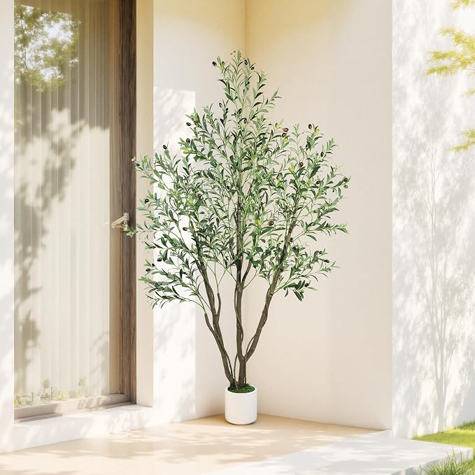 Caxchiling Large Artificial Olive Tree 6FT, Indoor Outdoor Faux Tree | Natural Trunk with Olive Fruits and Buds in White Planter for Home Office Living Room