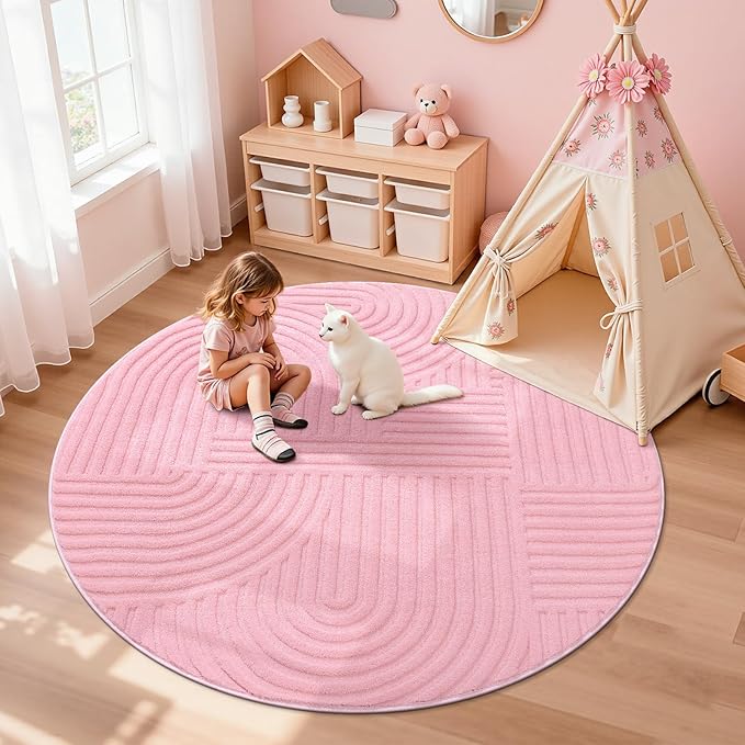 Pauwer Pink Area Rug for Girls Bedroom 4ft Soft Fluffy Non Slip Machine Washable Rugs Modern Indoor Mat Fuzzy Floor Round Carpet for Kids Nursery Living Room Dorm Playroom Dining Baby Home Decor