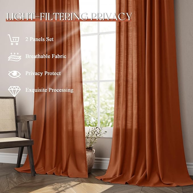 Jowels Terracotta Linen Curtains 60 Inch Long 2 Panels for Living Room | Burnt Orange Light Filtering Semi Sheer Curtain,Back Tab Pocket Pleated Look,Boho Textured Privacy Drapes for Bedroom Window