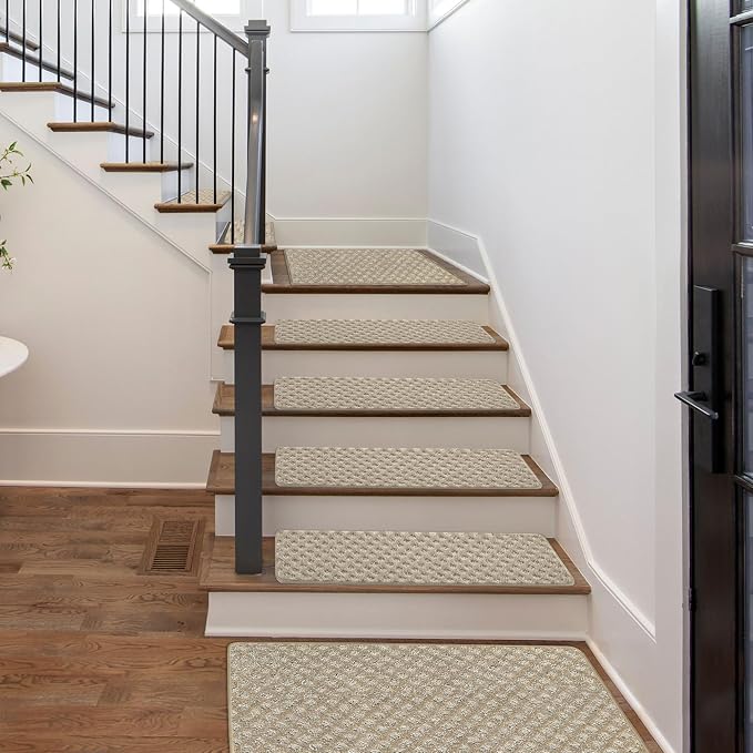PURE ERA Carpet Stair Treads Tape Free Non Slip Indoor Stair Carpet Stair Protectors Pet-Friendly Non-Slip Skid Resistant Washable Reusable 8" x 30"(2 Pieces,Cream Gray Mini-Diamond Trellis)