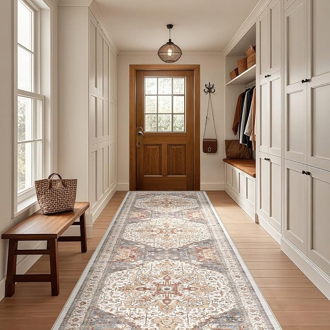 Tortania Area Rug 3x8 Runner Rugs - Washable Vintage Oriental Farmhouse Thin Indoor Carpet for Living Room Bedroom Hallway Entryway Kitchen Under Dining Table Home Office - Orange Multi