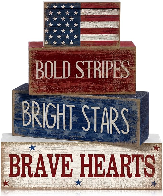 4 Pcs Memorial Day Decorations Wooden American Flag Patriotic 4th of July Tabletop Decoration Red White Blue Table Centerpieces Sign for Office Tiered Tray Home Shelf 250th Anniversary