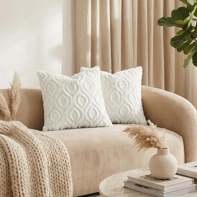 decorUhome Throw Pillow Covers 24x24 Inch Set of 2, Soft Plush Faux Wool Cream White Solid Couch Pillow Covers, Accent Euro Sham Farmhouse Neutral Square Pillow Cases for Sofa Bed Living Room