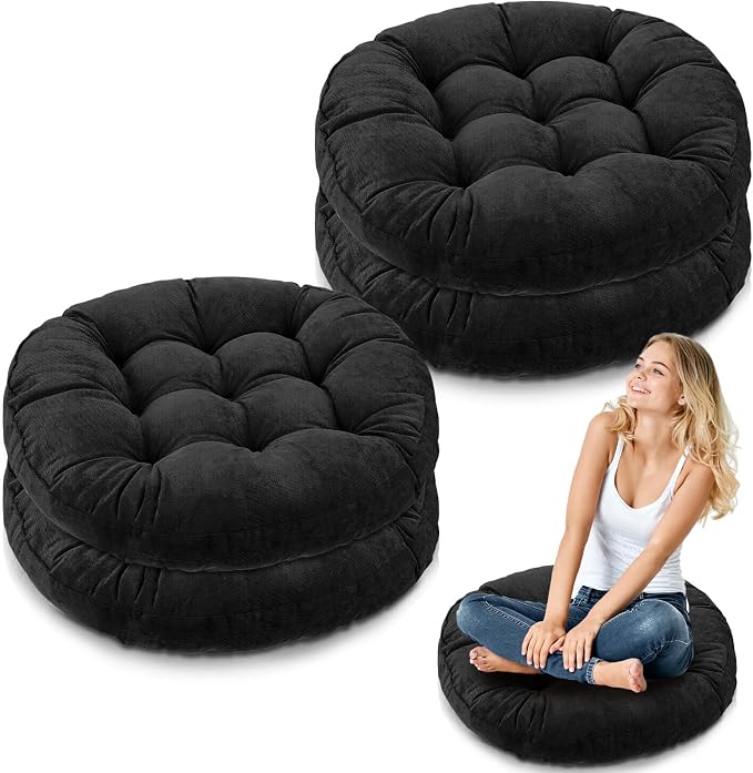 Jerify 4 Pcs Floor Pillow Cushions Large Round Square Large Meditation Floor Pillow for Classroom Adult Meditation Picnic Party Seating Learning Daycare School (Round,Black)