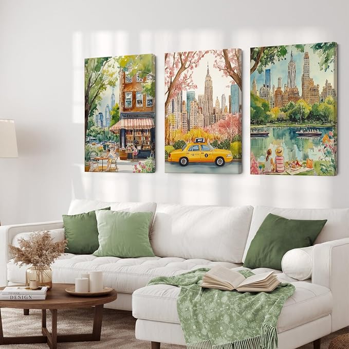 SYYANKK Watercolor New York City Wall Art NYC Canvas Wall Decor NYC Painting New York Landmarks Poster Travel Wall Art Central Park Artwork for Bedroom Living Room 16x24x3 Inch Ready to Hang