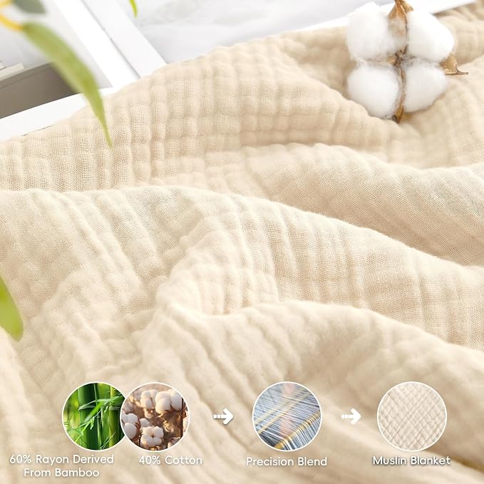 David's Home Soft Muslin Blanket Throw Size for Adults, 60% Rayon 40% Cotton, Breathable Lightweight Cooling Blanket for Hot Sleepers, 4-Layer Cozy Gauze for Bed, 50"x60", Natural/Birch