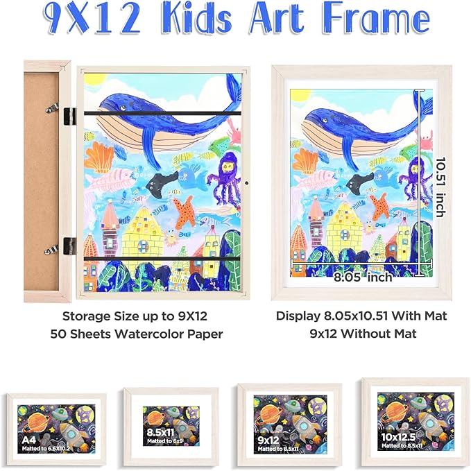 KINLINK 9x12 Kids Art Frame Set of 2, Solid Wood Kids Artwork Frames Changeable with Front Opening Hold 150 Pictures, Art Frames for Kids Art with Mat，without Mat 9x12 Picture Frame White Wood